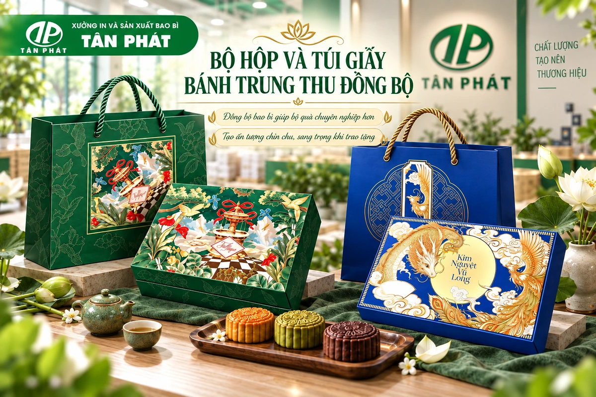Bộ hộp và túi giấy bánh Trung thu đồng bộ thương hiệu