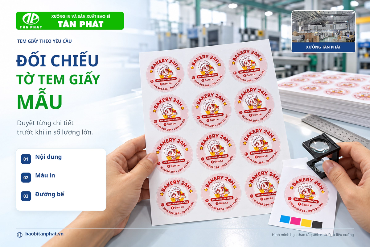 Đối chiếu nội dung màu in và đường bế trên tờ tem giấy mẫu