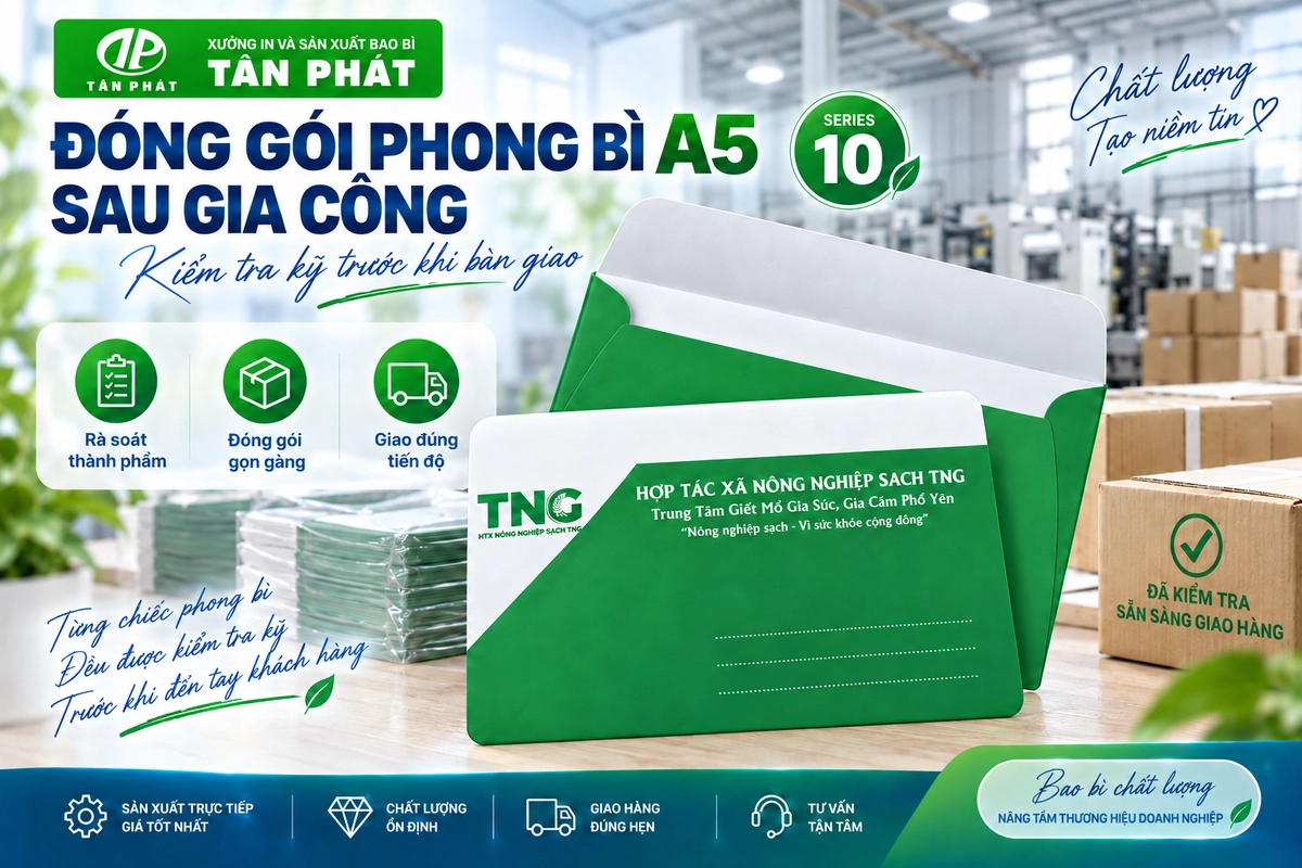 Phong bì A5 được kiểm tra và đóng gói sau gia công