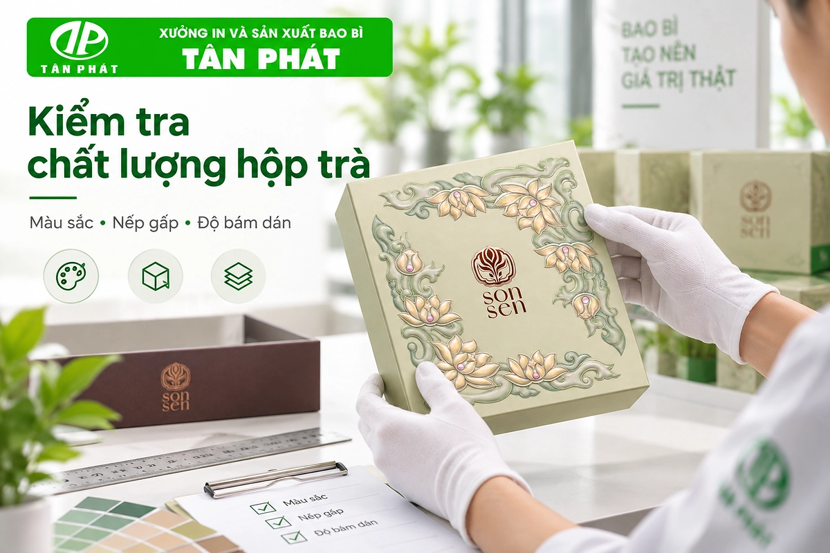 Kiểm tra màu sắc, nếp gấp và độ bám dán của hộp trà thành phẩm
