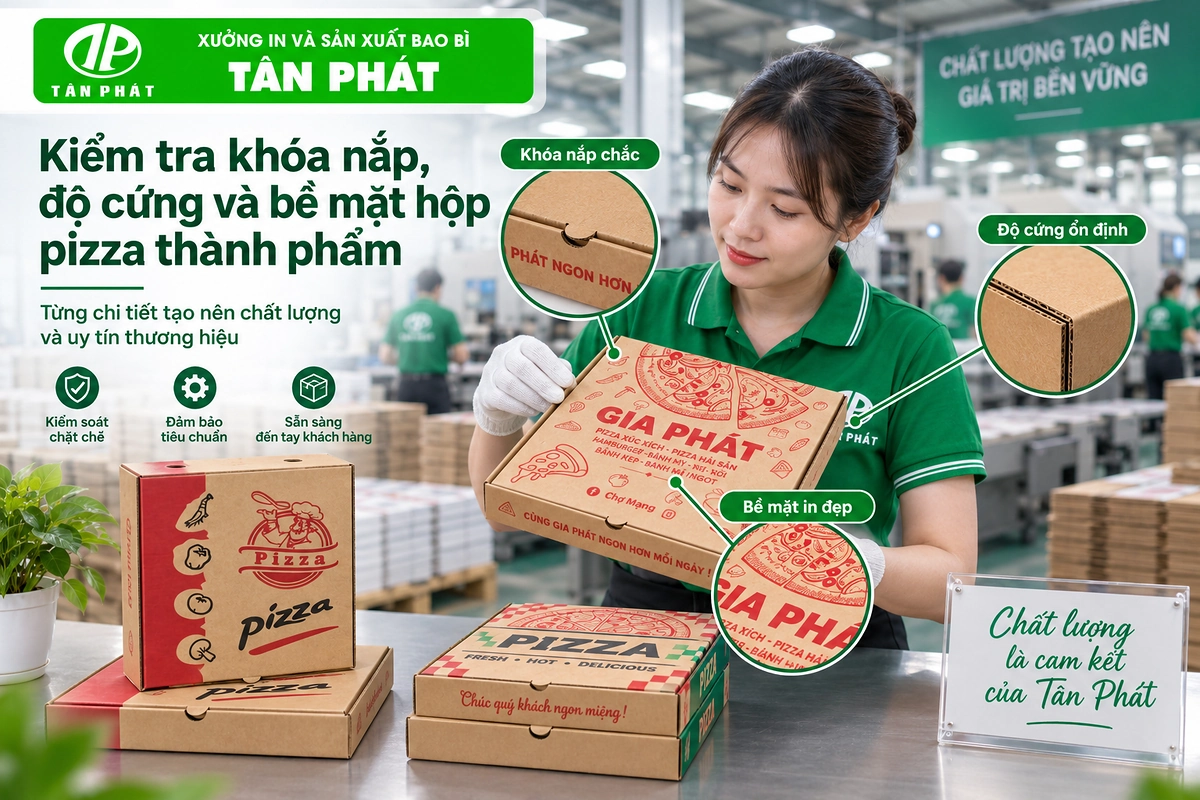Kiểm tra khóa nắp, độ cứng và bề mặt hộp pizza thành phẩm