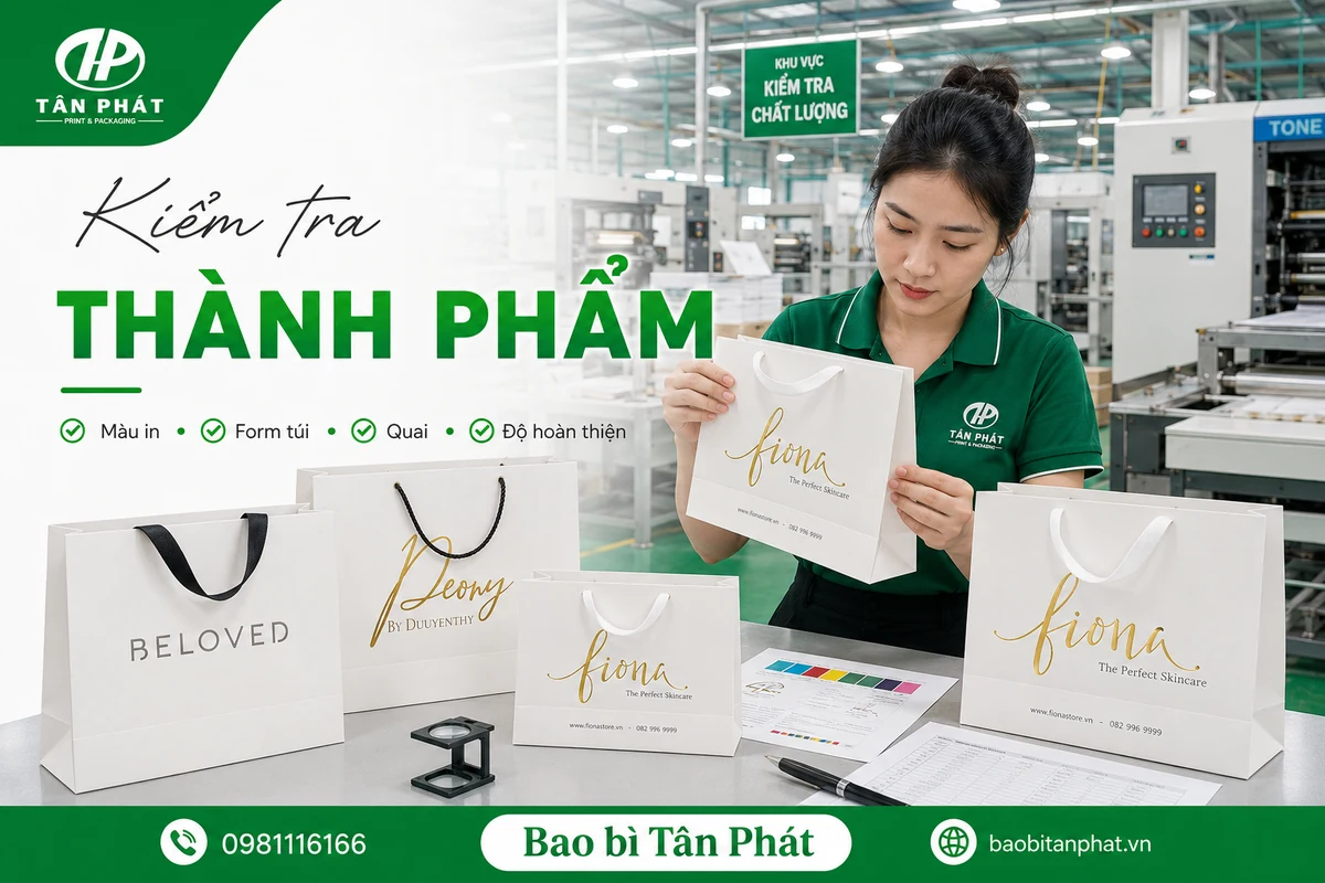 Kiểm tra màu in form túi quai và thành phẩm túi giấy mỹ phẩm
