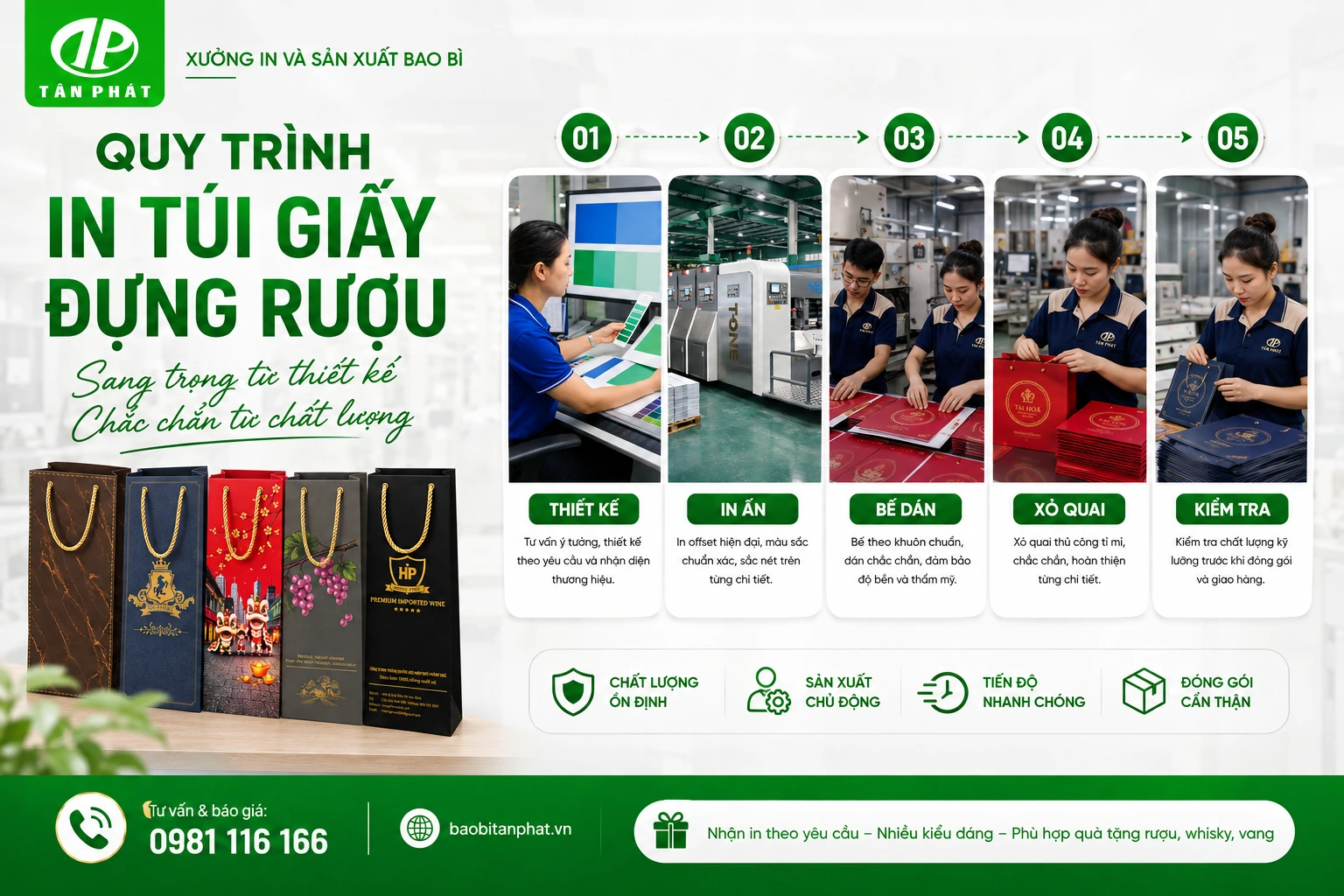 Quy trình in, bế, dán, xỏ quai và kiểm tra túi giấy đựng rượu tại xưởng
