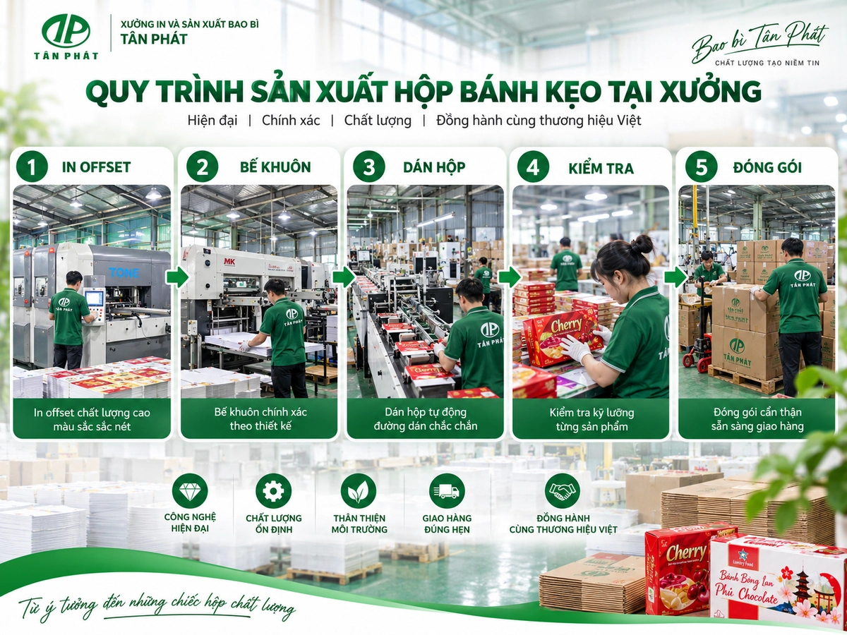 Quy trình in, bế, dán và kiểm tra hộp bánh kẹo tại xưởng