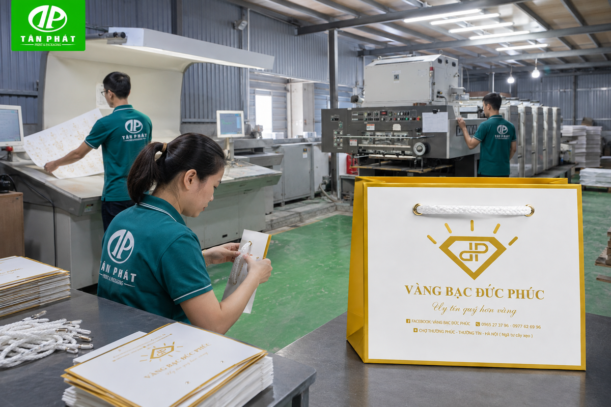 Quy trình in bế dán và gắn quai túi giấy trang sức