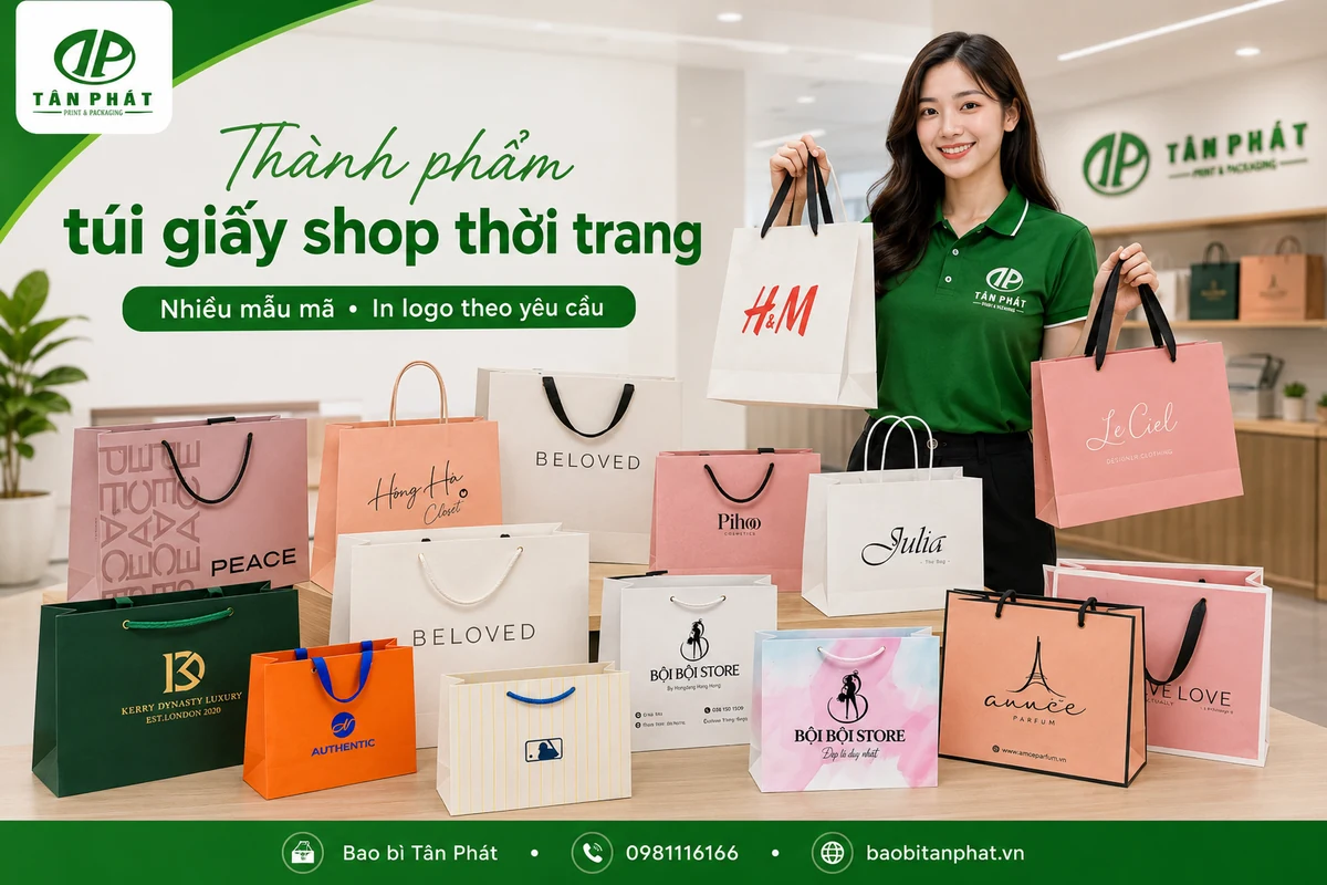 Thành phẩm túi giấy shop thời trang in logo theo yêu cầu