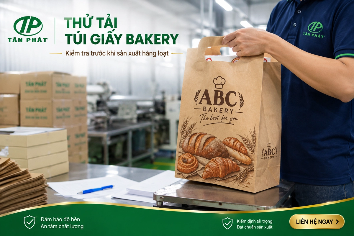 Thử tải túi giấy bakery với hộp bánh trước khi sản xuất