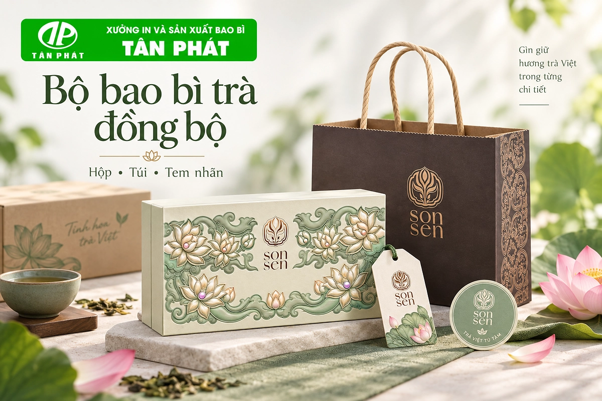 Bộ bao bì trà đồng bộ gồm hộp giấy, túi giấy và tem nhãn