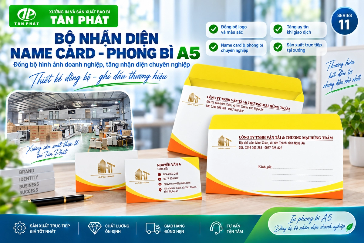 Bộ nhận diện doanh nghiệp gồm name card và phong bì A5 đồng bộ