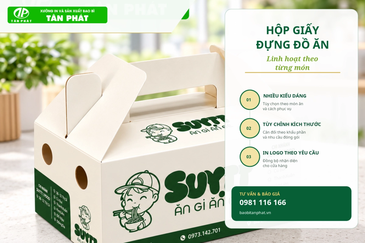 Bộ mẫu hộp giấy thực phẩm đã hoàn thiện theo nhiều ngành hàng