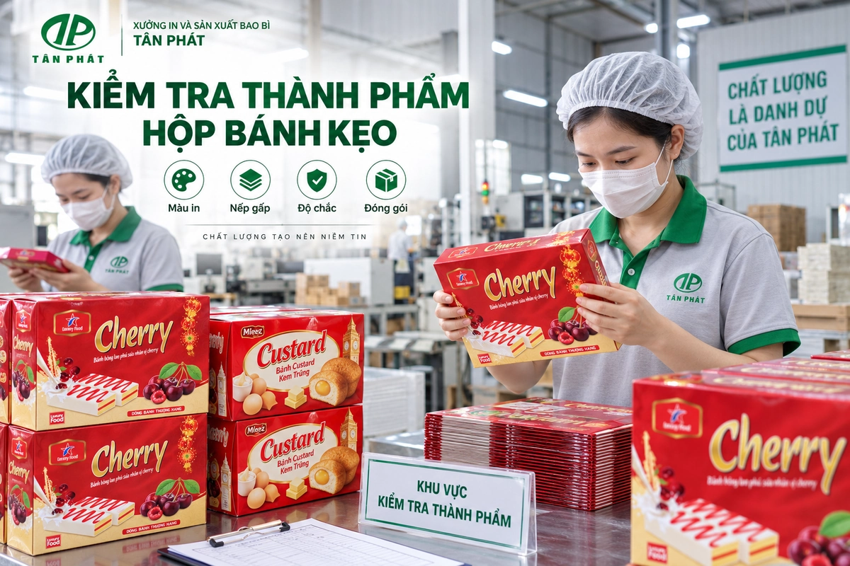 Kiểm tra hình dáng, màu in và độ chắc của hộp bánh kẹo thành phẩm