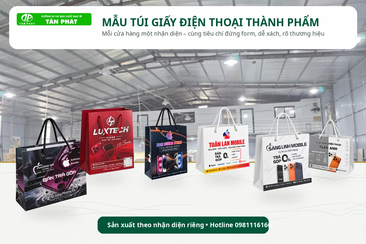 Mẫu túi giấy đựng điện thoại thành phẩm theo nhận diện cửa hàng