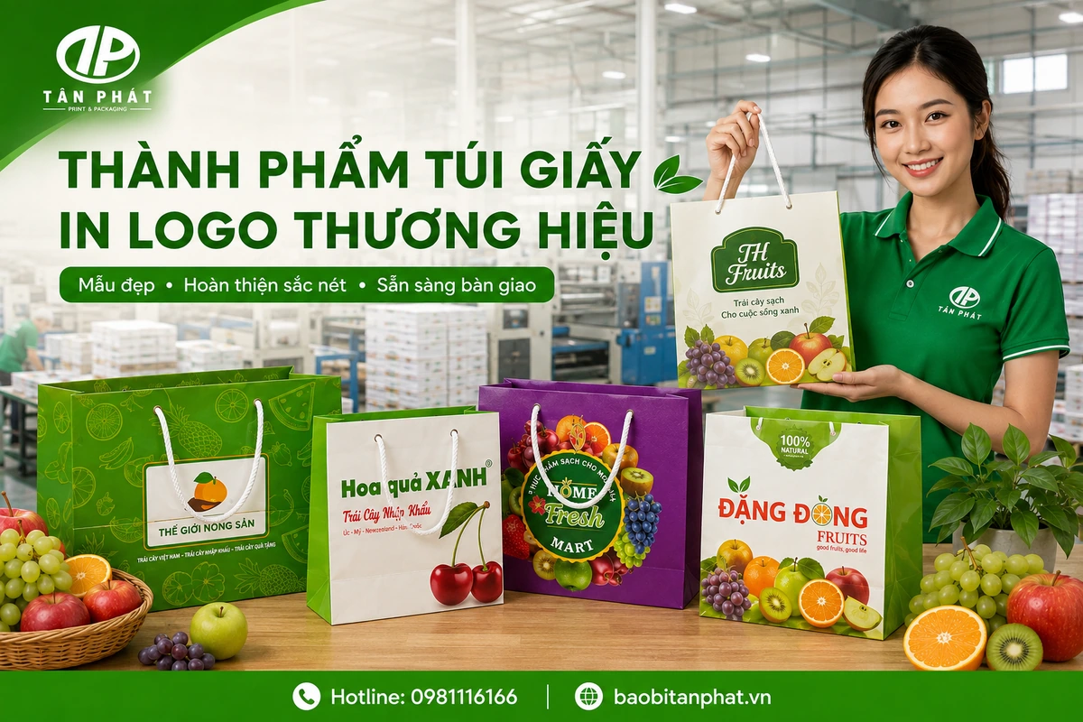 Thành phẩm túi giấy đựng trái cây in logo thương hiệu
