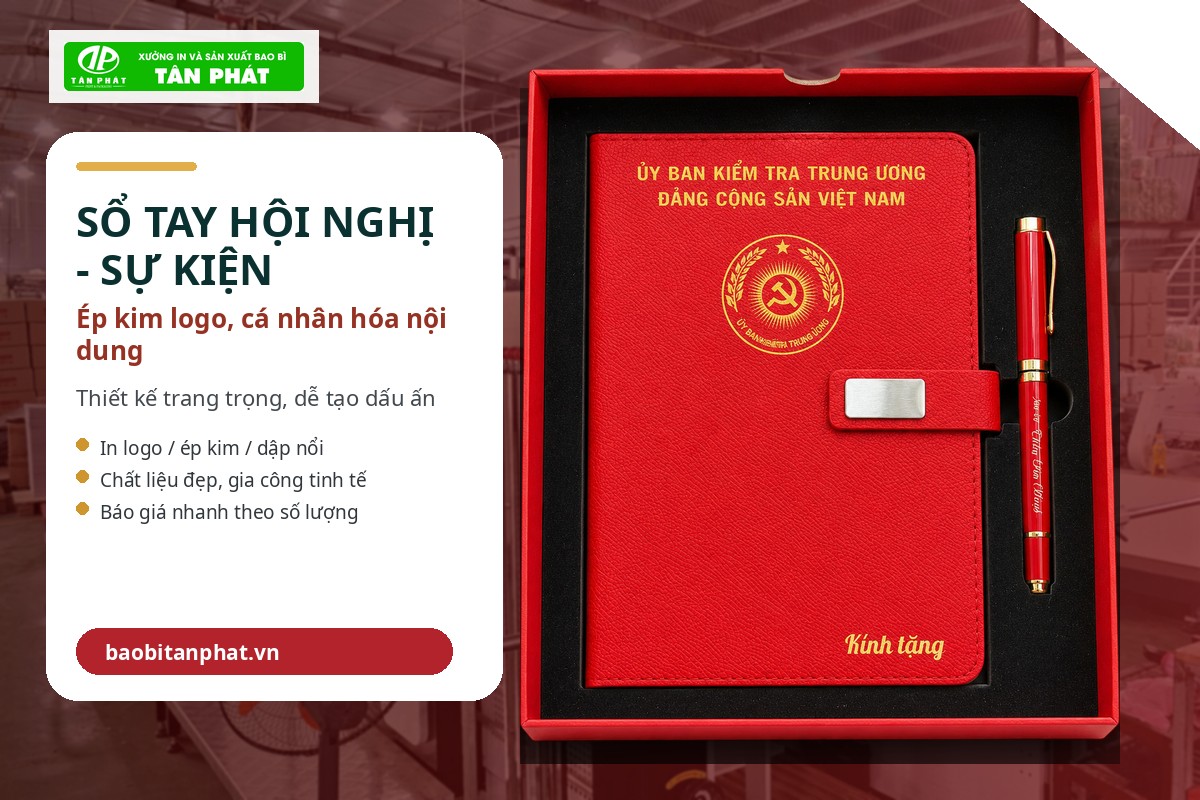In sổ tay cao cấp bìa da ép kim logo