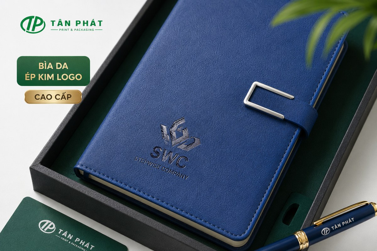 sổ tay bìa da ép kim logo công ty