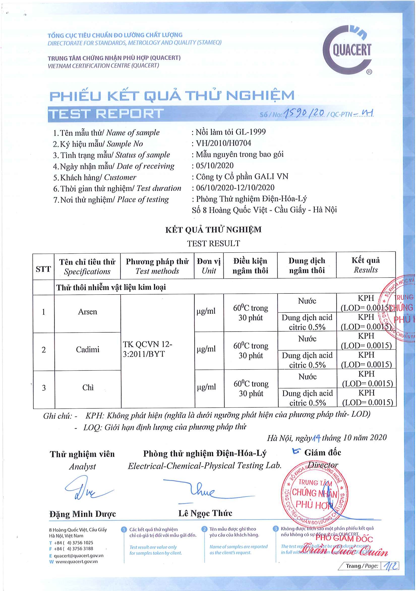 Nồi làm tỏi đen Gali GL-1999 đạt chứng nhận QCVN 12-3:2011/BYT