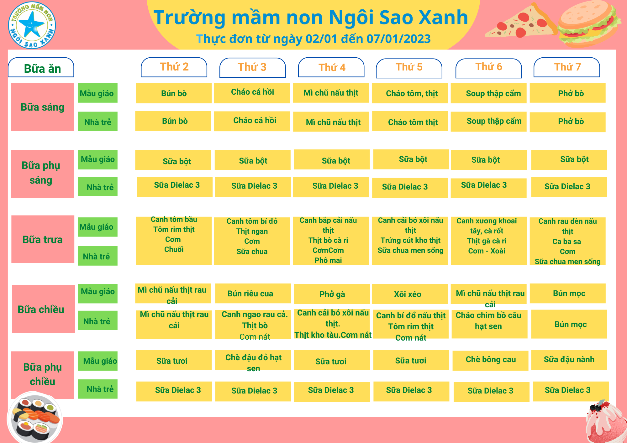 Thực đơn tuần 1,2 tháng 1/ 2023