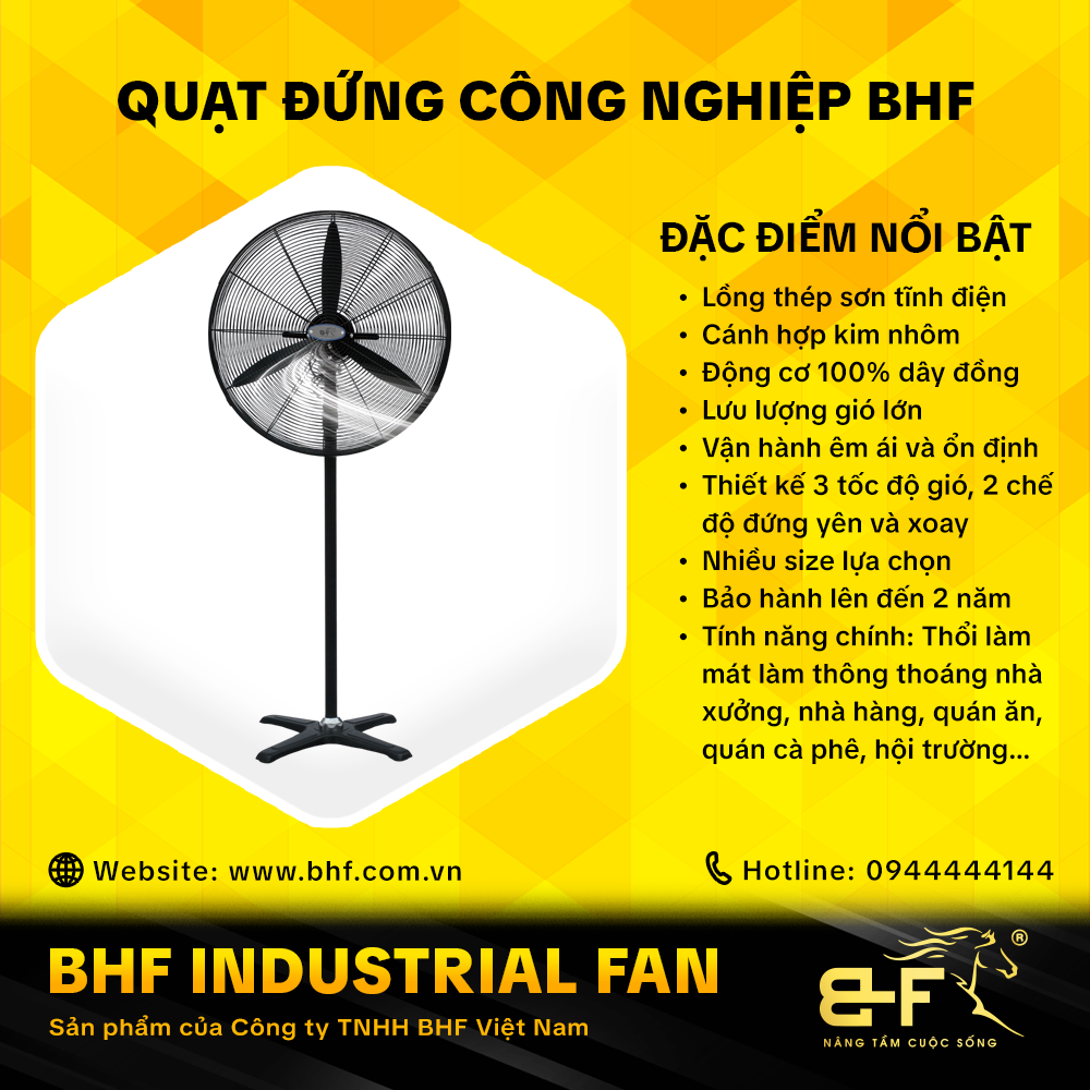 Quạt Đứng Công Nghiệp Hiệu BHF (Motor 100% Dây Đồng - Bảo Hành 2 Năm)