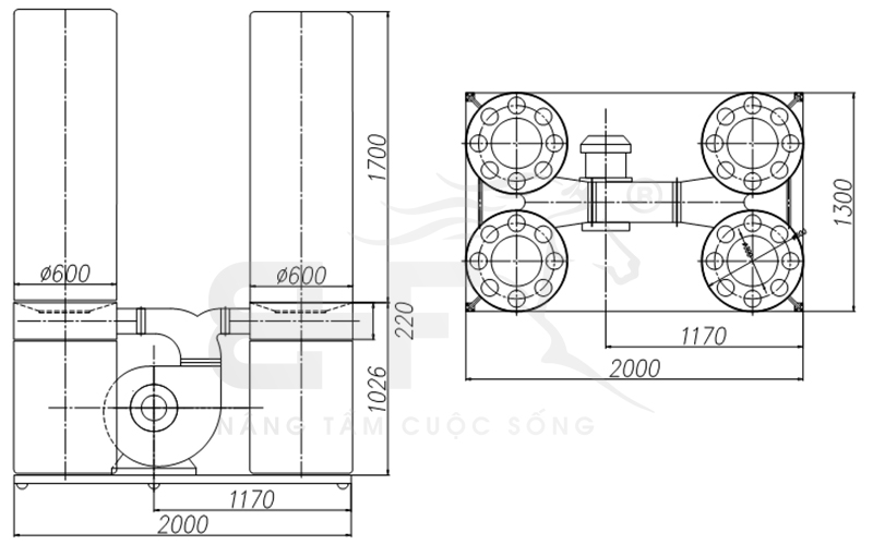 Bảng vẽ chi tiết các kích thước của quạt hút bụi di động 4 túi vải)