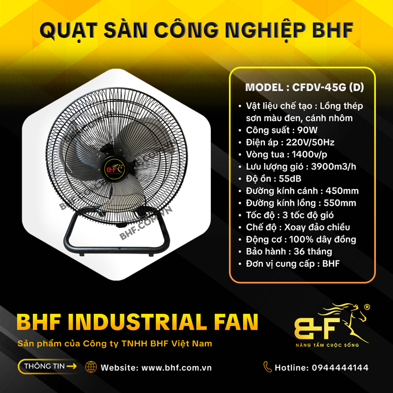Quạt Sàn Công Nghiệp Đảo Chiều BHF CFDV-50G Lồng Đen (120W)