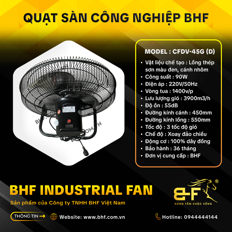 Quạt Sàn Công Nghiệp Đảo Chiều BHF CFDV-45G Lồng Đen (90W) 2