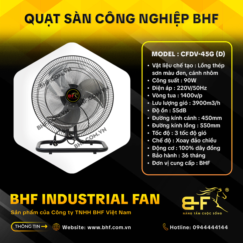 Quạt Sàn Công Nghiệp Đảo Chiều BHF CFDV-45G Lồng Đen (90W)