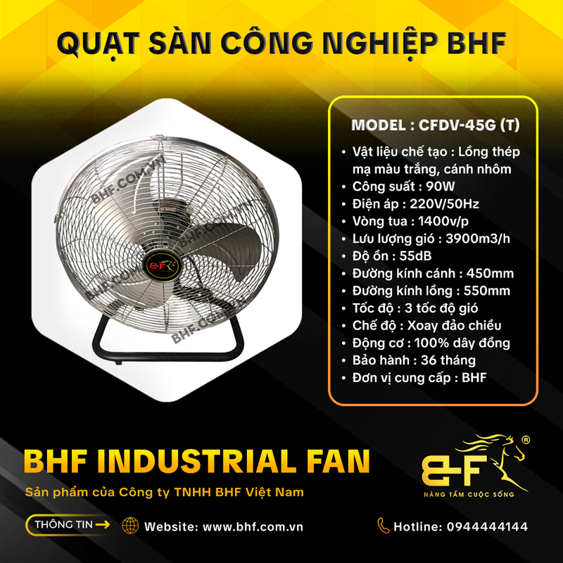 Quạt Sàn Công Nghiệp Đảo Chiều BHF CFDV-45G Lồng Trắng (90W) 1