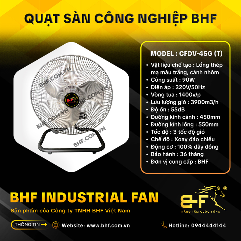 Quạt Sàn Công Nghiệp Đảo Chiều BHF CFDV-45G Lồng Trắng (90W)