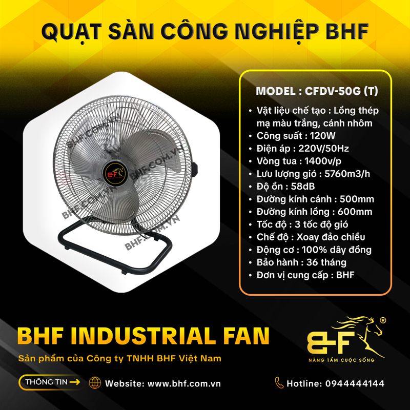 Quạt Sàn Công Nghiệp Đảo Chiều BHF CFDV-50G Lồng Trắng (120W) 1