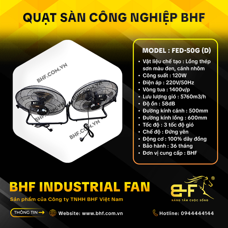 Quạt Sàn Công Nghiệp BHF FED-50G Lồng Đen (120W - Cánh 50CM) 2