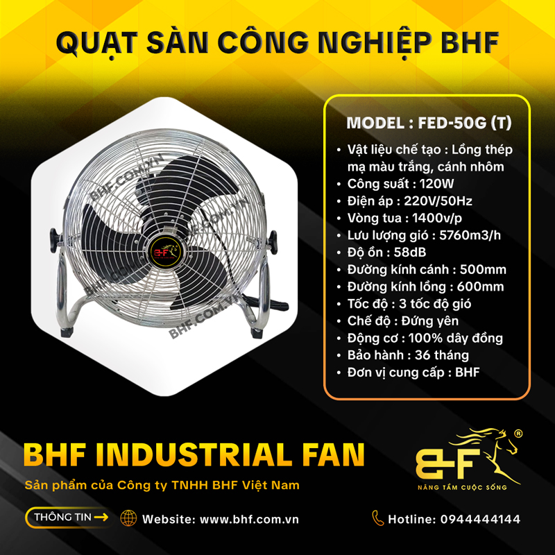 Quạt Sàn Công Nghiệp BHF FED-50G Lồng Trắng (120W - Cánh 50CM) 
