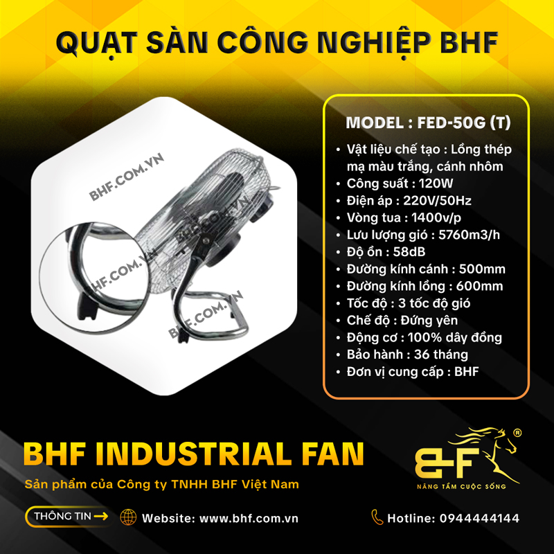 Quạt Sàn Công Nghiệp BHF FED-50G Lồng Trắng (120W - Cánh 50CM) 1