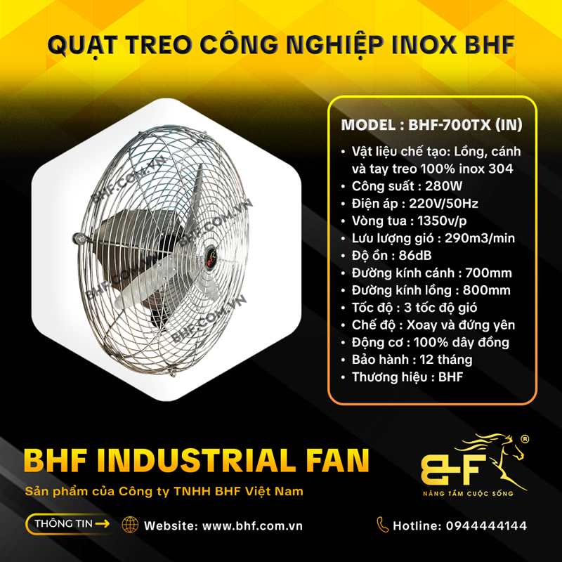 Quạt Treo Công Nghiệp Inox 304 BHF-700TXIN (280W - Xoay Được) 4