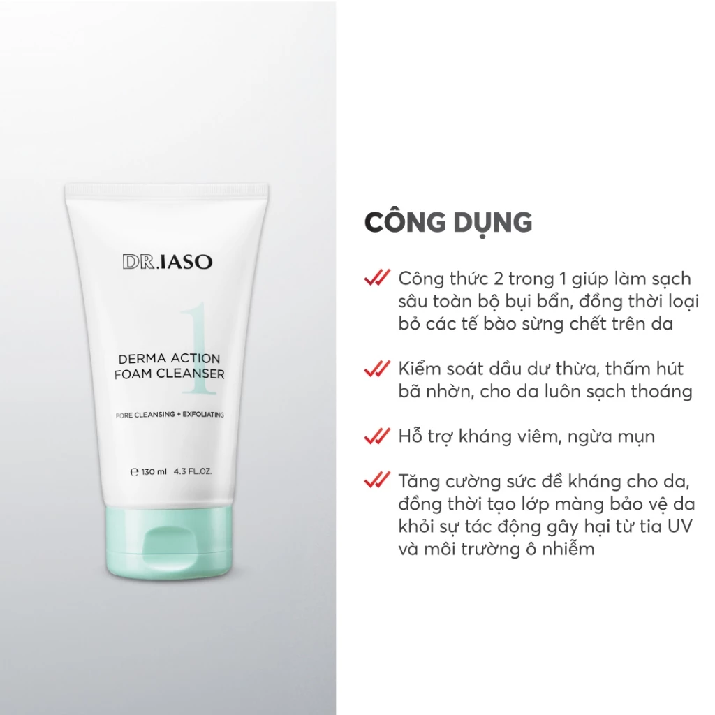 Tuýp Sữa Rửa Mặt DR.IASO 130ml với công thức 2 trong 1 làm sạch sâu