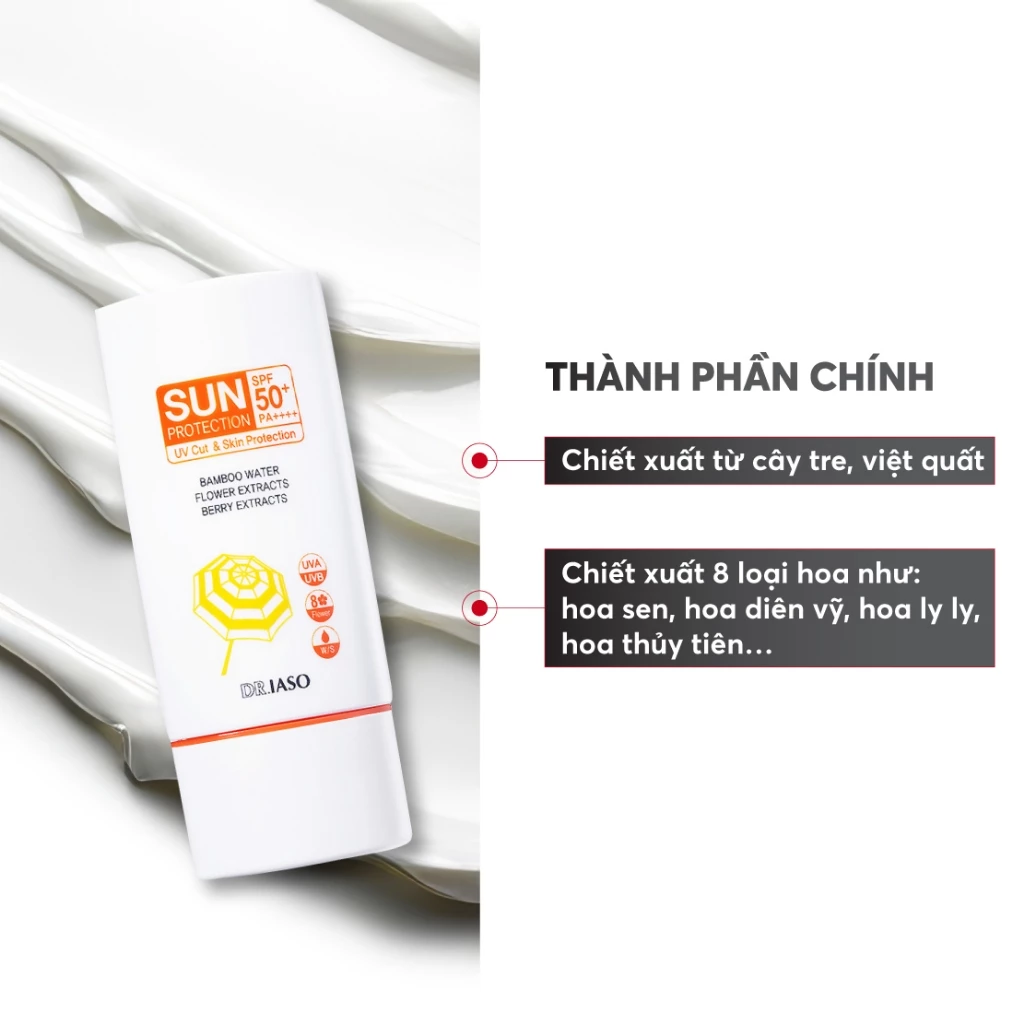 Kem chống nắng DR.IASO chứa chiết xuất tre, việt quất và 8 loại hoa