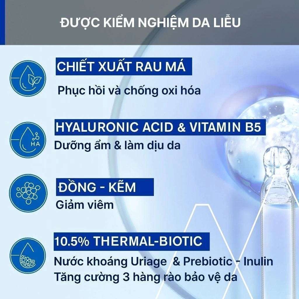 Các thành phần chính của Cica Daily Gel-Cream: Nước khoáng Uriage, Rau Má và Hyaluronic Acid.