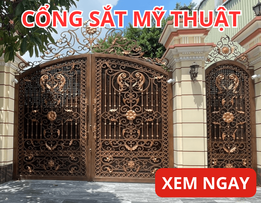 Cổng sắt mỹ thuật 2 cánh chính với cánh phụ - thiết kế theo phong cách tân cổ điển