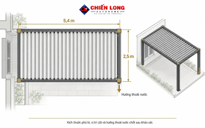 Bản vẽ kích thước mái nhôm xếp tự động sân trước 2,5 × 5,4 m