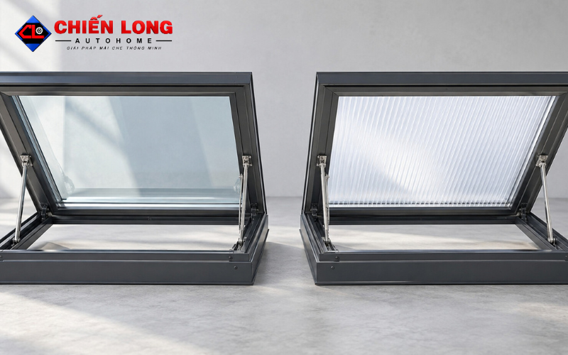 Hoàn thiện lắp đặt giếng trời lật tự động khung nhôm
