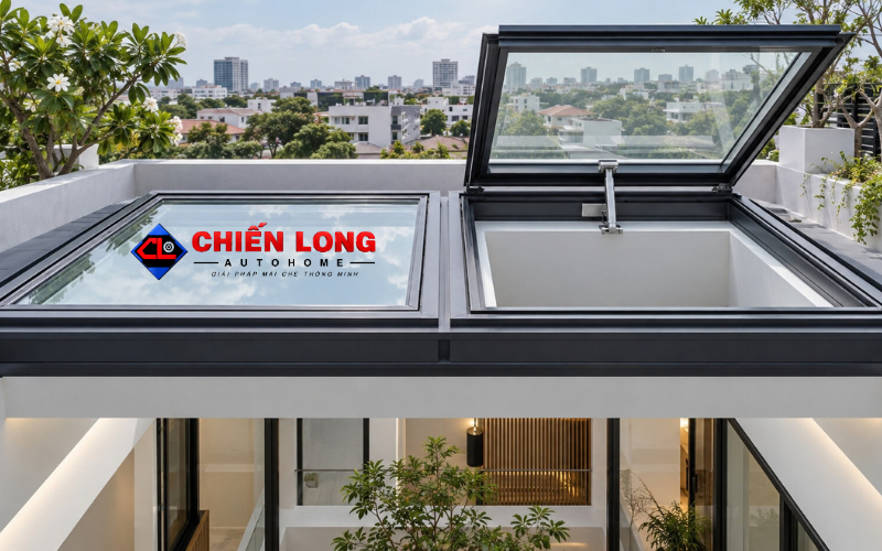 Motor cửa sổ tự động 30cm lắp trên nắp giếng trời.