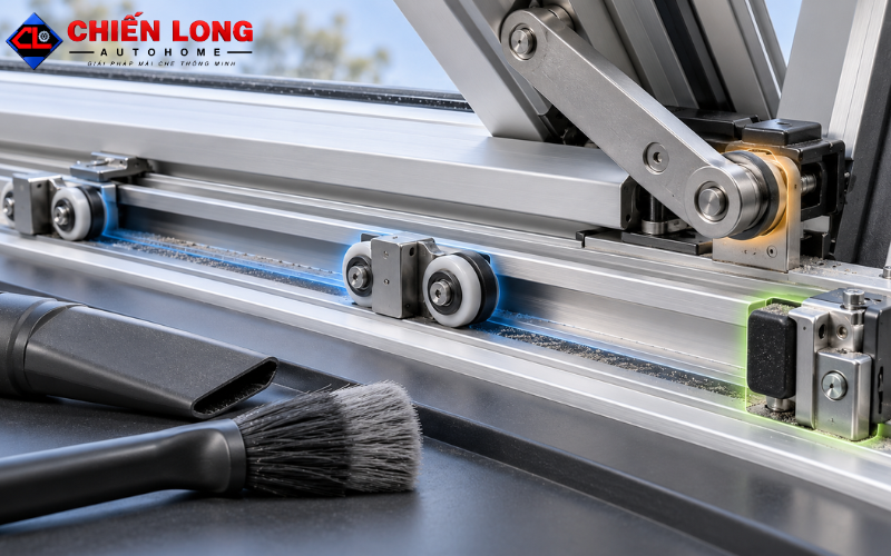 Vệ sinh ray và bánh xe khi bảo trì giếng trời tự động.