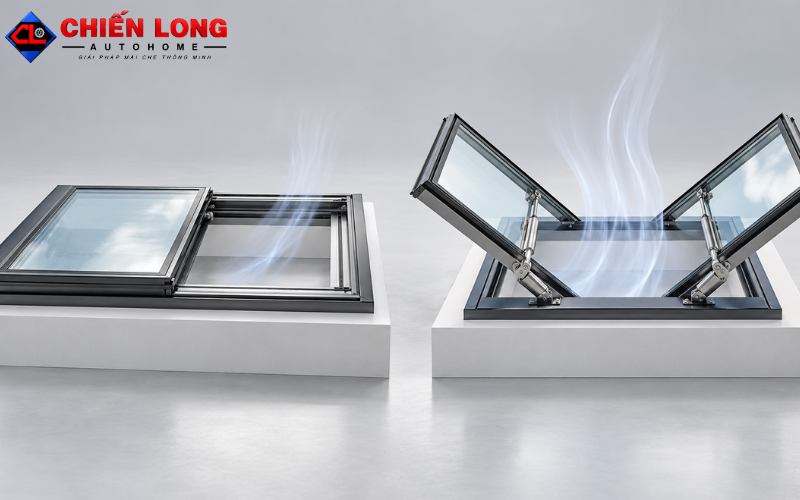 Mẫu giếng trời tự động đẹp dạng lùa một cánh cho nhà phố.