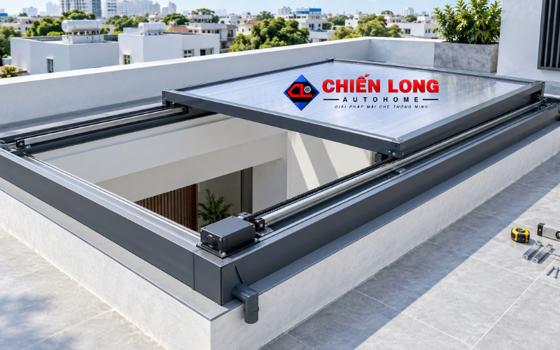 Cấu tạo giếng trời trượt tự động khung nhôm tấm Polycarbonate
