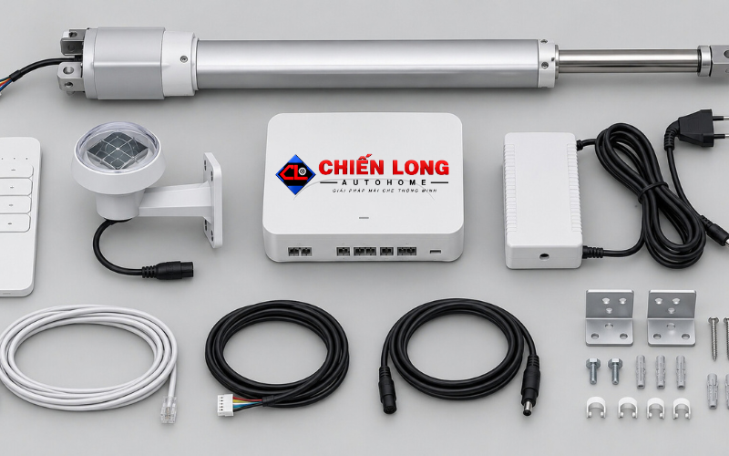 Thành phần bộ điều khiển giếng trời qua app gồm hộp trung tâm, nguồn, cảm biến và remote.