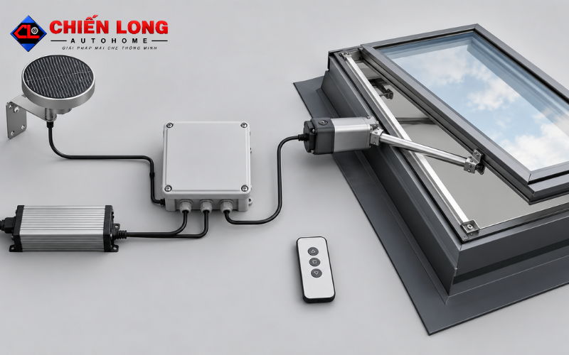 Giếng trời lùa và giếng trời lật tự đóng khi mưa.