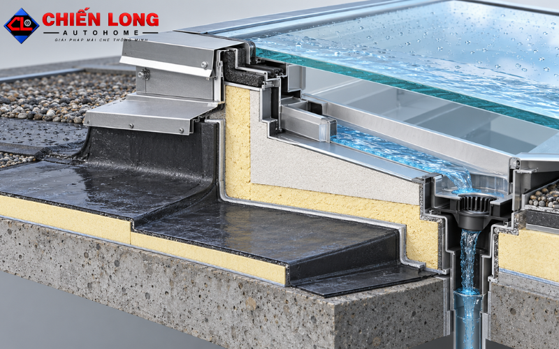 Mặt cắt chống thấm cổ giếng trời tự động.