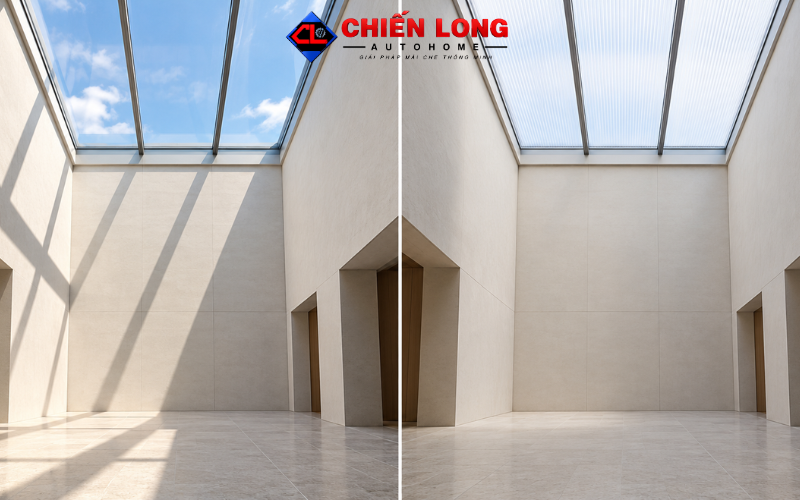 Giếng trời polycarbonate khuếch tán ánh sáng cho nhà hướng Tây.