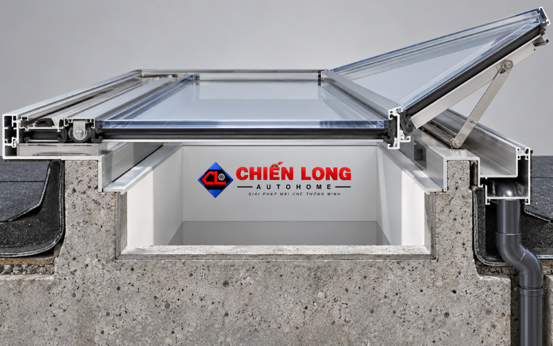 Mặt cắt khung và kích thước ô chờ giếng trời tự động.