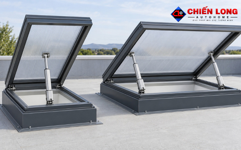 Cấu tạo giếng trời lật tự động gồm khung cánh bản lề và motor