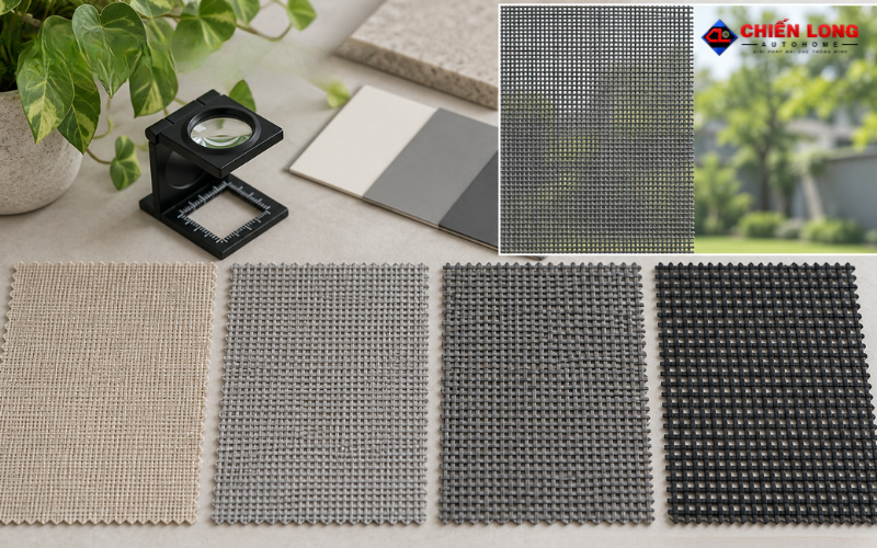 So sánh mẫu vải rèm ZIP có độ mở khác nhau dưới cùng điều kiện ánh sáng.